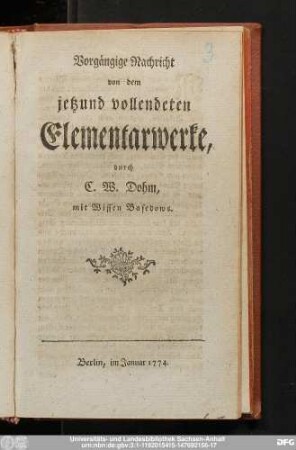 Vorgängige Nachricht von dem jetzund vollendeten Elementarwerke