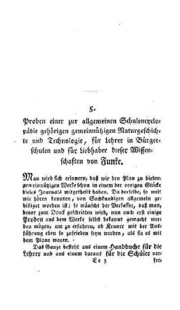 Proben einer zur allgemeinen Schulencyclopädie gehörigen gemeinnützigen Naturgeschichte und Technologie : für Lehrer in Bürgerschulen und für Liebhaber dieser Wissenschaften ; (die Probe aus der Technologie wird im nächsten Stücke folgen)