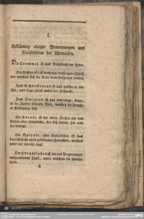 I. Erklärung einiger Benennungen und Kunstwörter der Uhrmacher