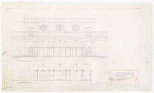 Ausstellung in der Orangerie im Schloss Charlottenburg, Berlin-Charlottenburg: Ansicht Süden Orangerie mit Vorbau, Längschnitt Vorbau 1:50