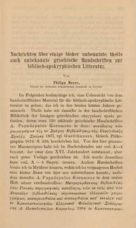 373-397 Nachrichten über einige bisher unbenutzte, theils auch unbekannte, griechische Handschriften zur biblisch-apokryphischen Litteratur