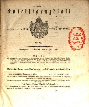 Intelligenzblatt von Unterfranken und Aschaffenburg des Königreichs Bayern. 1839, 2