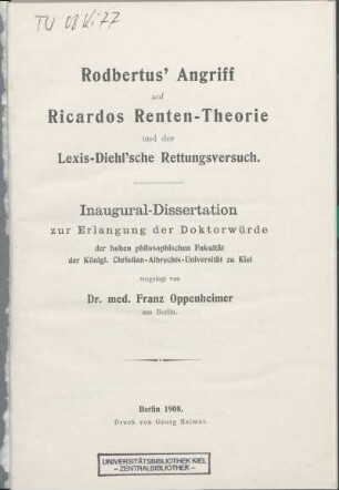 Rodbertus' Angriff auf Ricardos Renten-Theorie und der Lexis-Diehl'sche Rettungsversuch