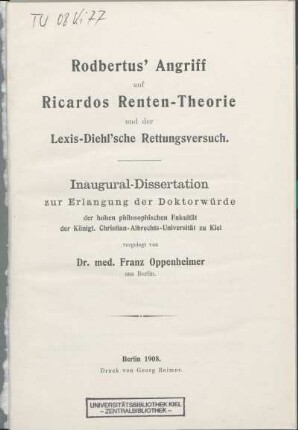 Rodbertus' Angriff auf Ricardos Renten-Theorie und der Lexis-Diehl'sche Rettungsversuch