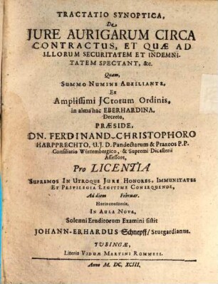 Tractatio synopt. de iure aurigarum circa contractus, et quae ad illorum securitatem et indemnitatem spectant, &c.