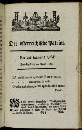 Ein und sechzigstes Stück. Dienstags den 29. April. 1766. - Vier und sechzigstes Stück. Freytags den 9. May. 1766.