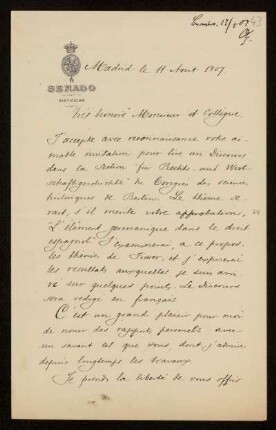 43: Brief von Eduardo de Hinojosa an Otto von Gierke, Madrid, 11.8.1907