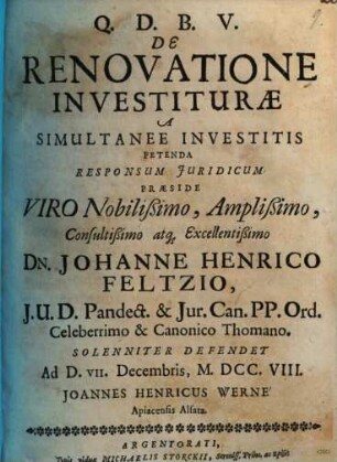 De Renovatione Investituræ A Simultanee Investitis Petenda : Responsum Juridicum