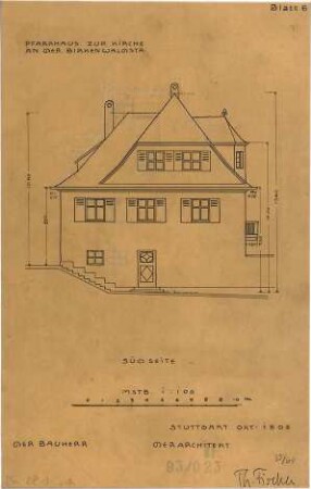 Fischer, Theodor; Stuttgart; Erlöserkirche - Pfarrhaus Südseite (Ansicht)