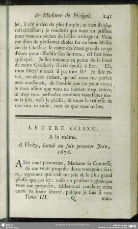 Lettre CCLXXXI. A la même. A Vichy, Lundi au soir premier Juin, 1676