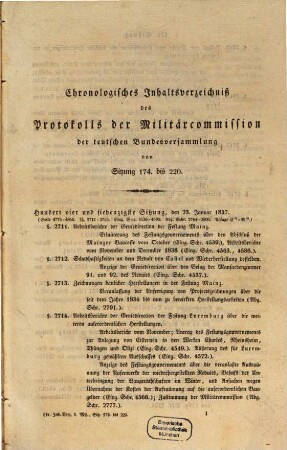 Protokolle der Militärcommission der Teutschen Bundesversammlung : Sitzung ... 1837/42, 23. Jan. - 26. Apr. = Sitz. 174 - 220
