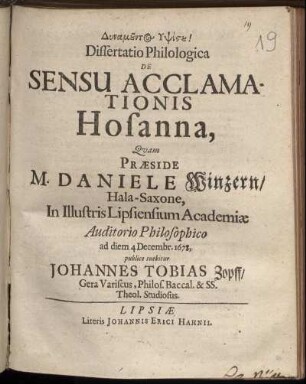 Dissertatio Philologica De Sensu Acclamationis Hosanna