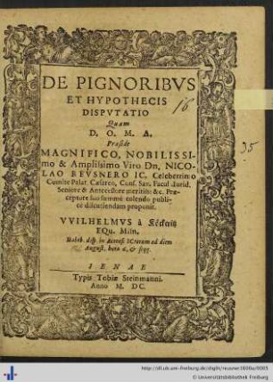 DE PIGNORIBVS ET HYPOTHECIS DISPVTATIO
