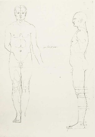 Mann von vorn und seitlich : Dresdner Skizzenbuch (1507/1528). Mann von vorn und seitlich (aus: R. Bruck: Das Skizzenbuch von Albrecht Dürer, Straßburg 1905, Tafel 42, Blatt 122 b, Str. 59, Kriegsverlust). Dresden: SLUB Mscr.Dresd.R.147.f
