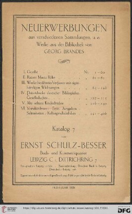 Nr. 7: Katalog / Ernst Schulz-Besser, Buch- und Kunstantiquariat Leipzig: Neuerwerbungen aus verschiedenen Sammlungen, u.a. Werke aus der Bibliothek von Georg Brandes