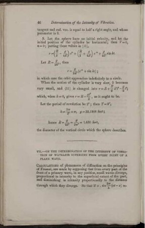 VII. On the determination of the intensity of vibration of wavelets diverging from every point of a plane wave.