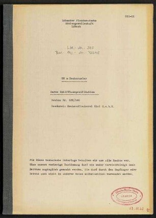 55 m Hecktrawler. Kurze Schiffbauspezifikation. Neubau Nr. 539/540. Reederei: Hochseefischerei Kiel G.m.b.H.