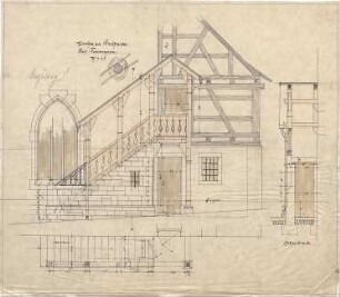Dolmetsch, Theodor; Ötisheim; Kirche - Östliche Freitreppe (Grundriss, Ansicht, Schnitt)