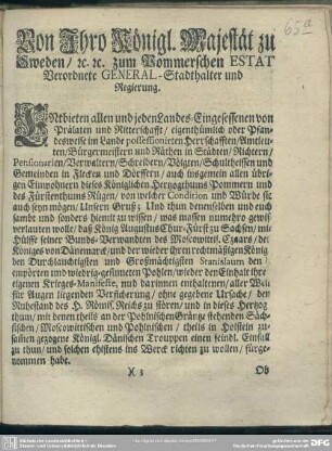 Von Ihro Königl. Majestät zu Sweden, [et]c. [et]c. zum Pommerschen Estat Verordnete General-Stadthalter und Regierung