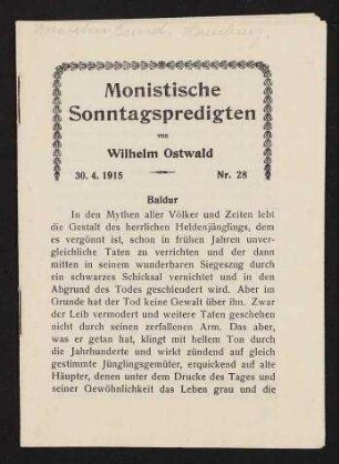 Monistische Sontagspredigten - Baldur
