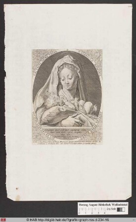Maria, das Christuskind auf einem Kissen im Arm haltend.