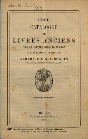 Catalog des antiquarischen Bücherlagers von Albert Cohn in Berlin, 123