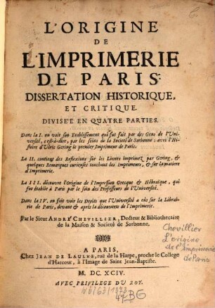 L' Origine de l'Imprimérie de Paris : dissertation historique et critique