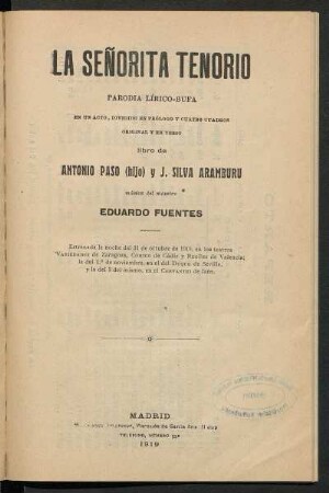 La señorita Tenorio : parodia lírico-bufa en un acto, dividido en prólogo y cuatro cuadros, original y en verso
