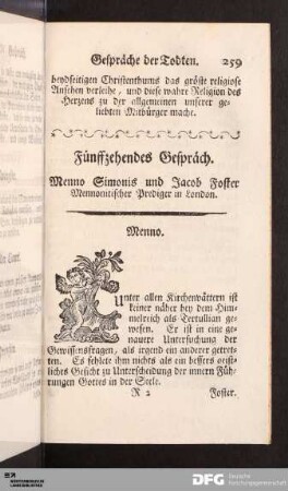 Fünffzehendes Gespräch. Menno Simonis und Jacob Foster Mennonitischer Prediger in London.