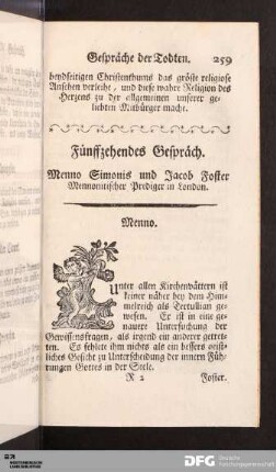 Fünffzehendes Gespräch. Menno Simonis und Jacob Foster Mennonitischer Prediger in London.