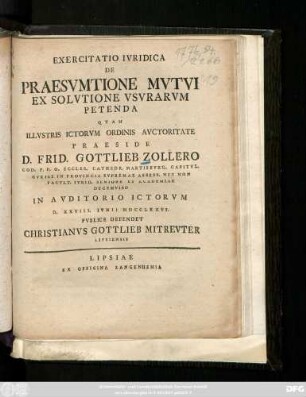 Exercitatio Ivridica De Praesvmtione Mvtvi Ex Solvtione Vsvrarvm Petenda