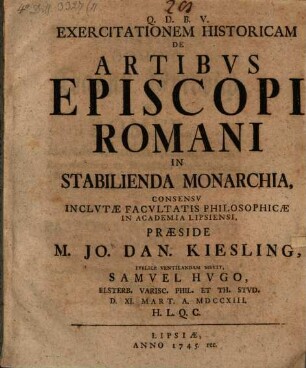 Exercitatio hist. de artibus episcopi romani in stabilienda monarchia