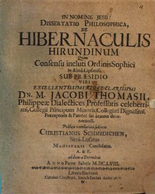 Dissertatio Philosophica, De Hibernaculis Hirundinum