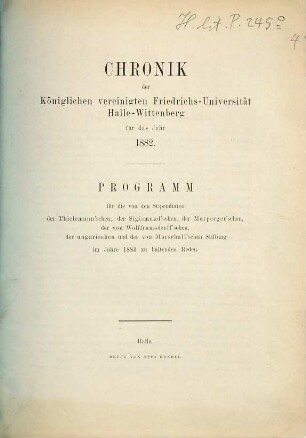 Chronik der Martin-Luther-Universität Halle-Wittenberg in Halle (Saale). 1882