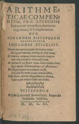 Arithmeticae Compendium, Pro Studiosis huius artis tyronibus, denuo recognitum, & locupletarum