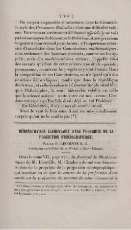 Démonstration élémentaire d´un propriété de la projection stéréographique.