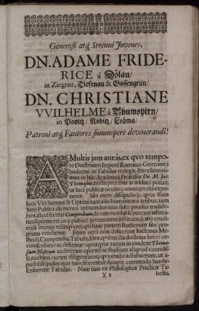 Generosi atq Strenui Juvenes, Dn. Adame Friderice a Dölau [...] Dn. Christiane Wilhelme a Thumshirn [...]
