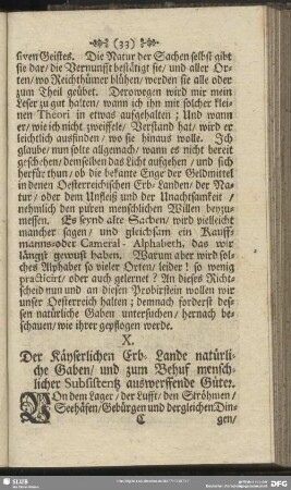X. Der Käyserlichen Erb- Lande natürliche Gaben, und zum Behuf menschlicher Subsistentz auswerffende Güter.