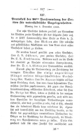 127. Protokoll der 26sten Versammlung der Section für vaterstädtische Angelegenheiten. : Montag den 7. December 1846.