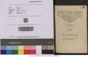 EPITHALAMION SCRIPTVM CLARISSIMO VIRO D. ANDREAE VVOLFIO I.V. DOctori, & honestae uirgini MARTHAE, filiae Reuerendi uiri D. Doctoris IOHANNIS BVGENHAGII Pomerani