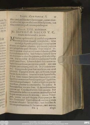 Epist. XVII. Mediolanum. Io. Baptistae Sacco V. C. Senatui Mediolanensi à Secretis.