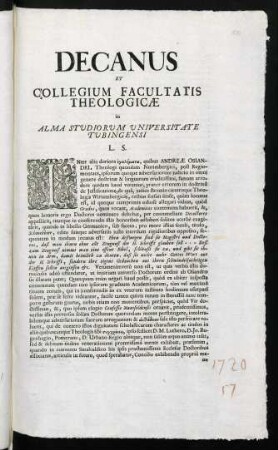 Decanus Et Collegium Facultatis Theologicae in Alma Studiorum Universitate Tubingensi L. S.