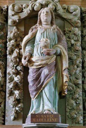Frankreich. Bretagne. Finistere. Sainte Marie du Menez Hom. Kapelle. Geschnitzter Retabel. SainteMarie Madeleine