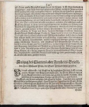 Auszug des Charters oder Feyheits-Briefs, den Herr William Penn, der Stadt Philadelphia gegeben.