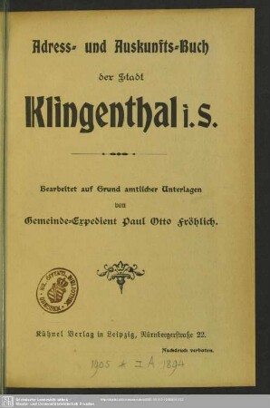 1905: Adress- und Auskunftsbuch der Stadt Klingenthal
