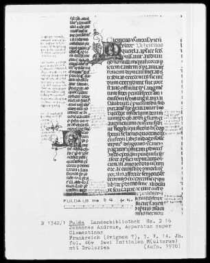 Johannes Andreae, Apparatus super Clementinas — Zwei Initialen M(ultorum) mit Drolerien, Folio 46verso