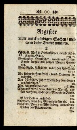 Register Aller merckwürdigen Sachen / welche in diesem Tractat enthalten
