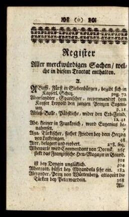 Register Aller merckwürdigen Sachen / welche in diesem Tractat enthalten