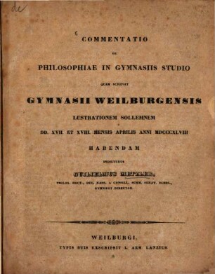 Gymnasii Weilburgensis lustrationem sollemnem ... habendum indicit. 1848