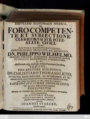 Dispvtatio Inavgvralis Ivridica, De Foro Competente Et Svbiectione Clericorvm Svb Potestate Civili